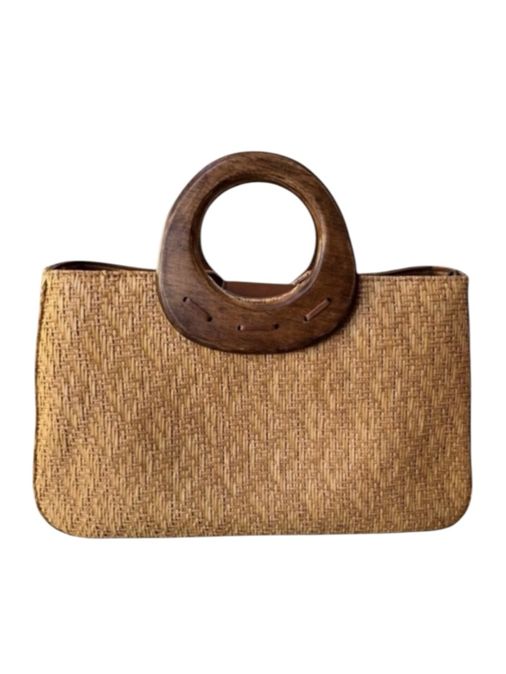 Fossil Tan Woven Tote with Round Wooden Handles